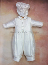 Load image into Gallery viewer, Frank 100% all white silk Christening / Baptism outfits long sleeve/long pant with matching newsboy cap