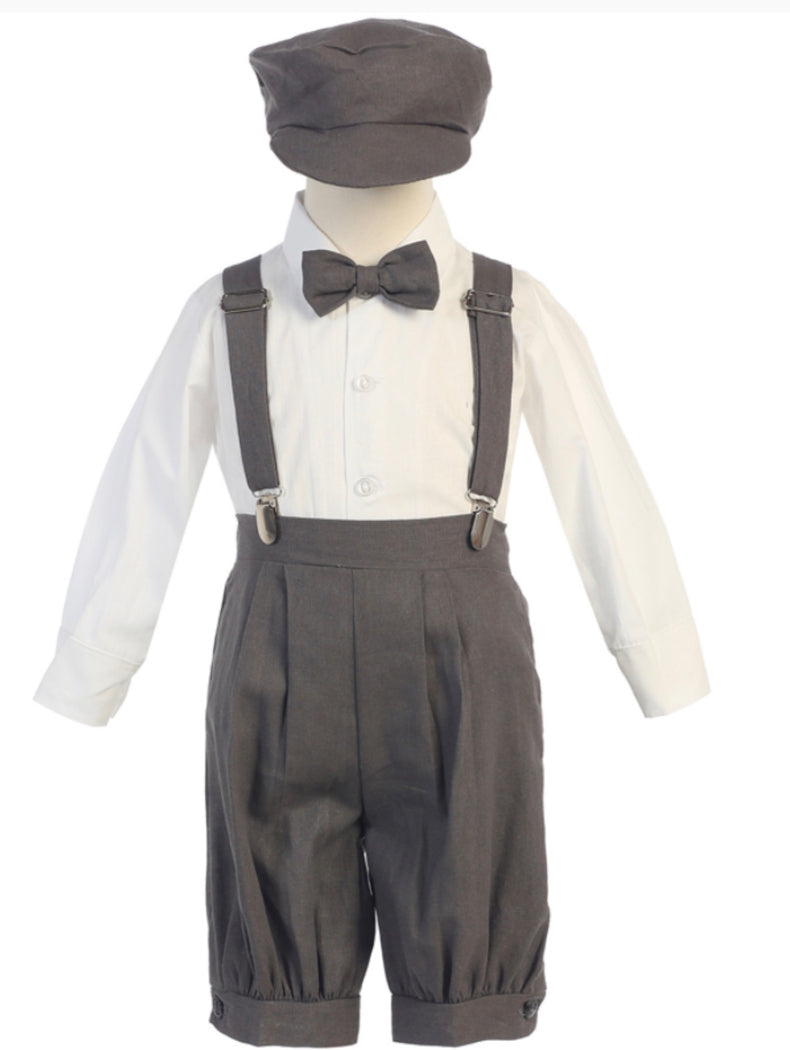 Charcoal Poly cotton long sleeve shirt with rayon suspenders knickers matching clip on bow tie & rider hat
