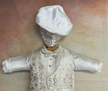 Load image into Gallery viewer, Gianni White Silk infant boy Christening / Baptism Romper long sleeve Long pant matching cap by Piccolo Bacio