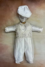 Load image into Gallery viewer, Gianni White Silk infant boy Christening / Baptism Romper long sleeve Long pant matching cap by Piccolo Bacio