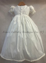 Load image into Gallery viewer, Silk dress with pearl accent at hem &amp; sleeve &amp; cover buttons back view of Giovanna Baptism gown