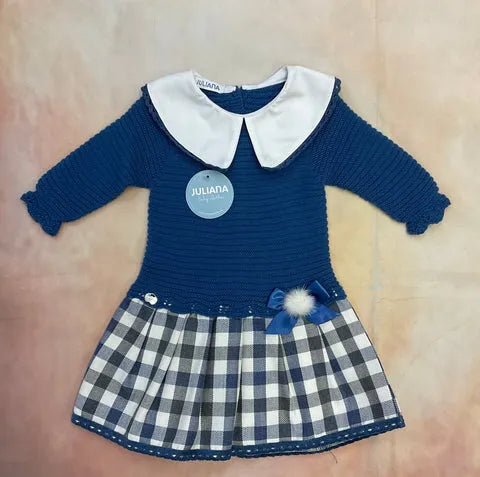 Girls Knit Dress with woven mix Blue/Gray J6134 18 Month / Blue/Gray