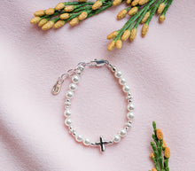 Load image into Gallery viewer, Girls Sterling Silver Pearl Cross Baby Bracelet Baptism Gift