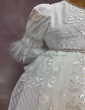 Load image into Gallery viewer, Girls White Metallic re-embroidered lace Christening / Baptism gown by Piccolo Bacio Couture