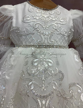 Load image into Gallery viewer, Girls White Metallic re-embroidered lace Christening / Baptism gown by Piccolo Bacio Couture