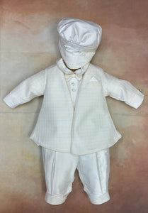 Faviano 100% white Silk & Waffle Silk with piping Christening/ Baptism suit with matching newsboy cap by Piccolo Bacio
