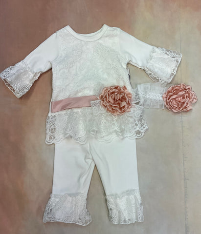3805-1 Infant Girl Layette two piece pant lace & Brush Cotton set with matching headband