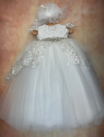 Victoria Christening Gown White Metallic  lace & tulle with Rhinestone belt & Matching bonnet