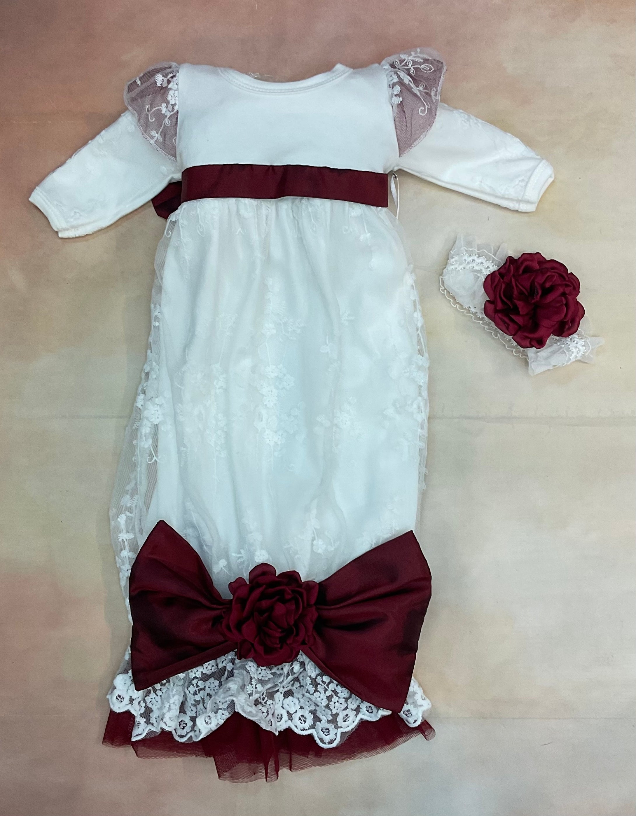 3809-3 Girls layette gown with matching headband