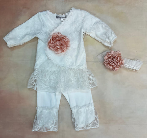3808-1 Infant girl two piece side tie brush cotton & lace set with matching peach & lace headband