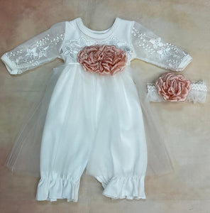 3807-2 infant girl brushed cotton, lace & tulle skirt romper with matching headband