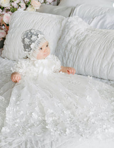 BS24L Teter Warm Long Floral Lace Christening Gown with Matching Bonnet & rhinestone belt