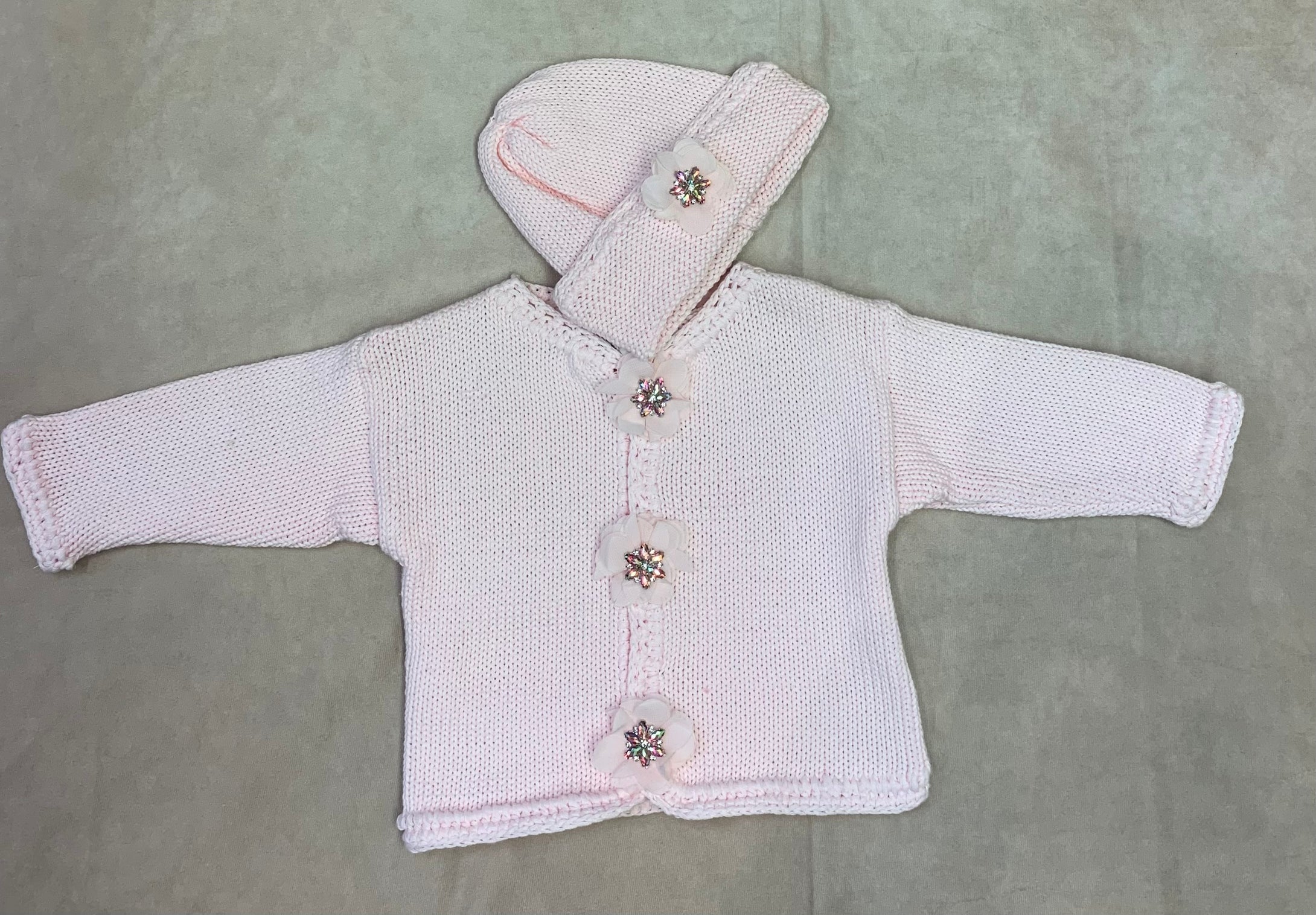 Ck673L Pink handmade sweater with rolled organza roses & multi color rhinestone button accents matching hat