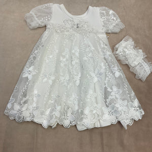 3827-2 Girls brush cotton &Tulle w/ lace  & embroided floral design layette romper