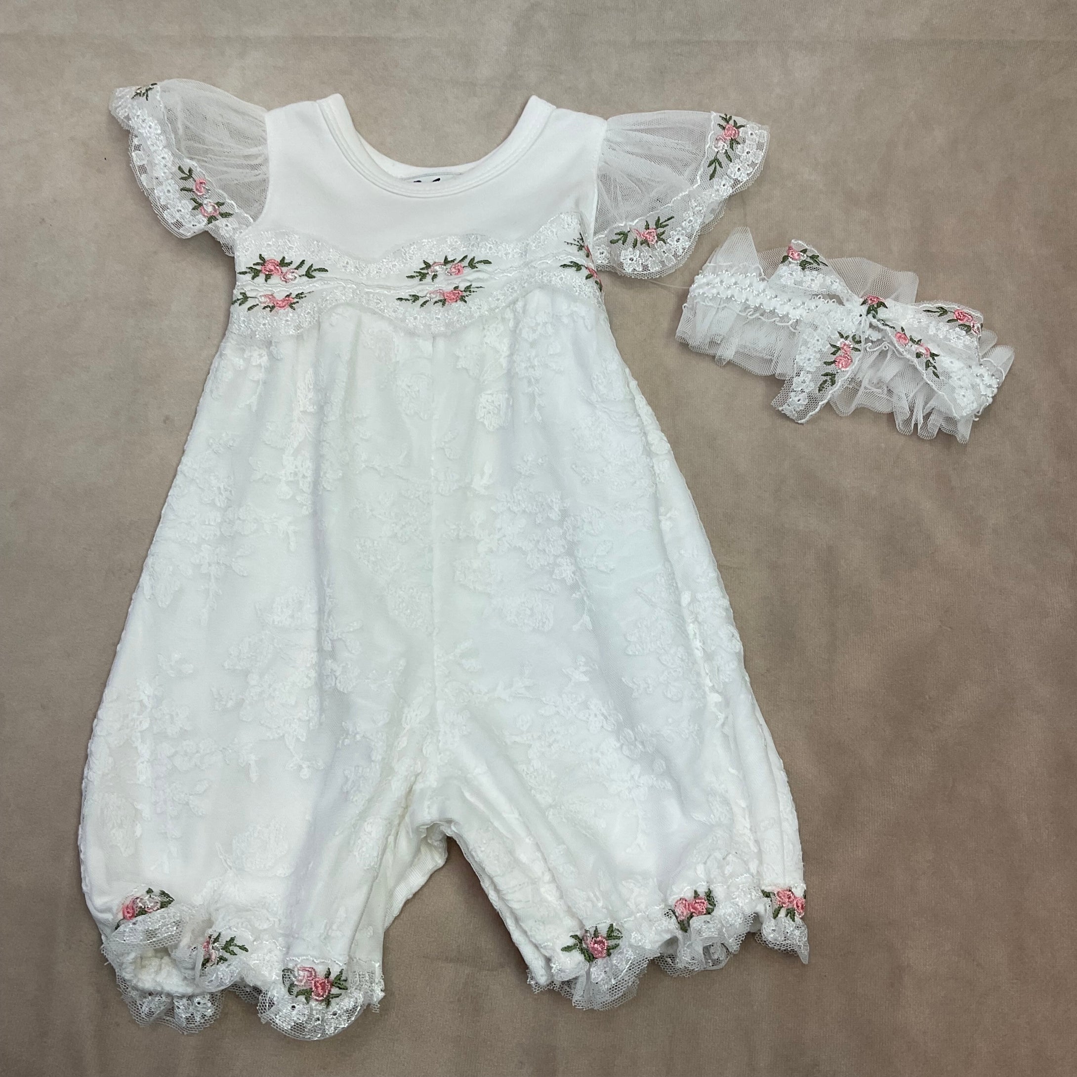 3820-2 Girls brush cotton & lace Romper