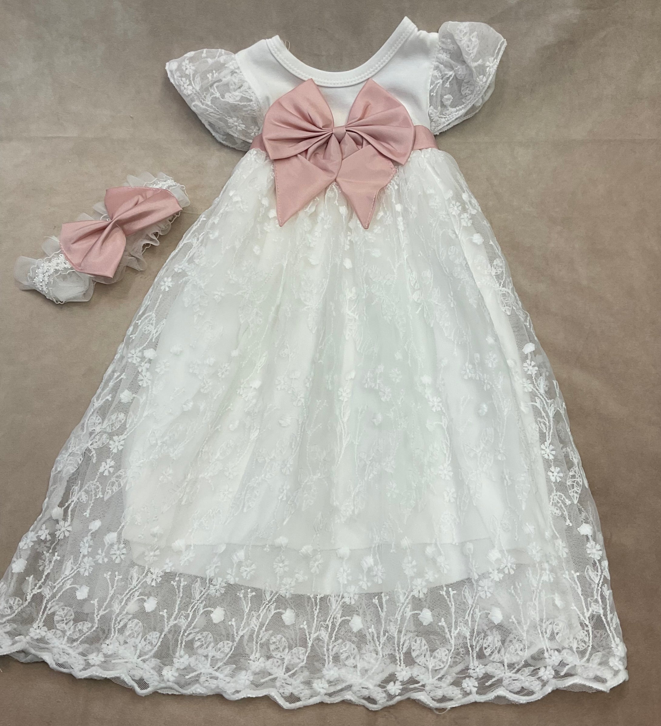 372 Girls brush cotton &Tulle w/ lace  & embroided floral design day gown