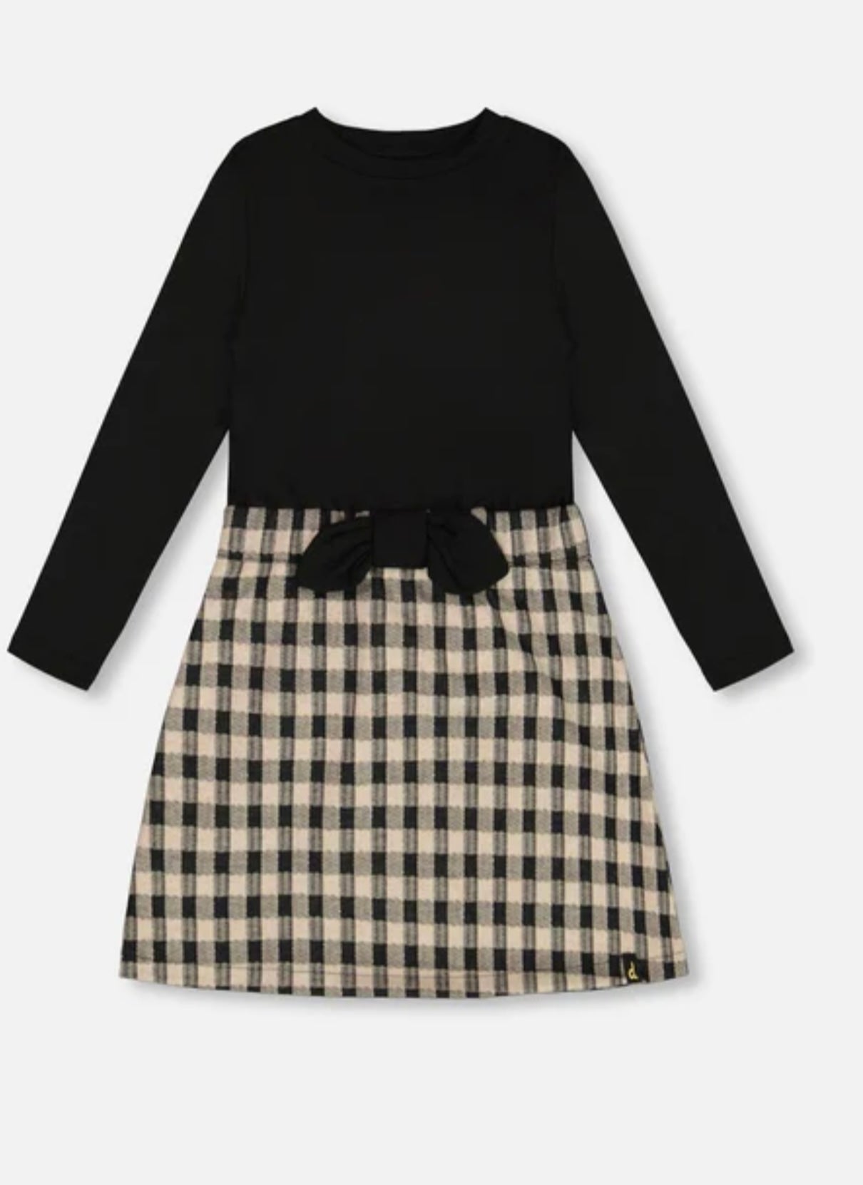 Girls Duall Fabric Dress with bow Plaid Black & Beige size 5