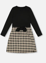 Load image into Gallery viewer, Girls Duall Fabric Dress with bow Plaid Black &amp; Beige size 6