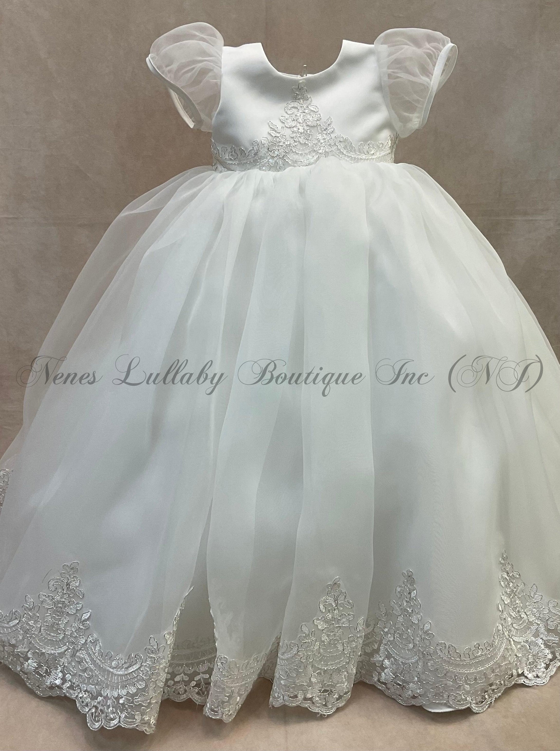 Amber diamond white Christening gown with Metalilic lace trime