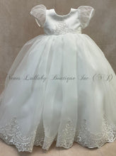 Load image into Gallery viewer, Amber diamond white Christening gown with Metalilic lace trime