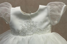 Load image into Gallery viewer, Amber diamond white Christening gown with Metalilic lace trime