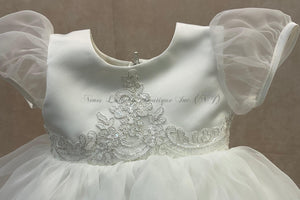 Amber diamond white Christening gown with Metalilic lace trime