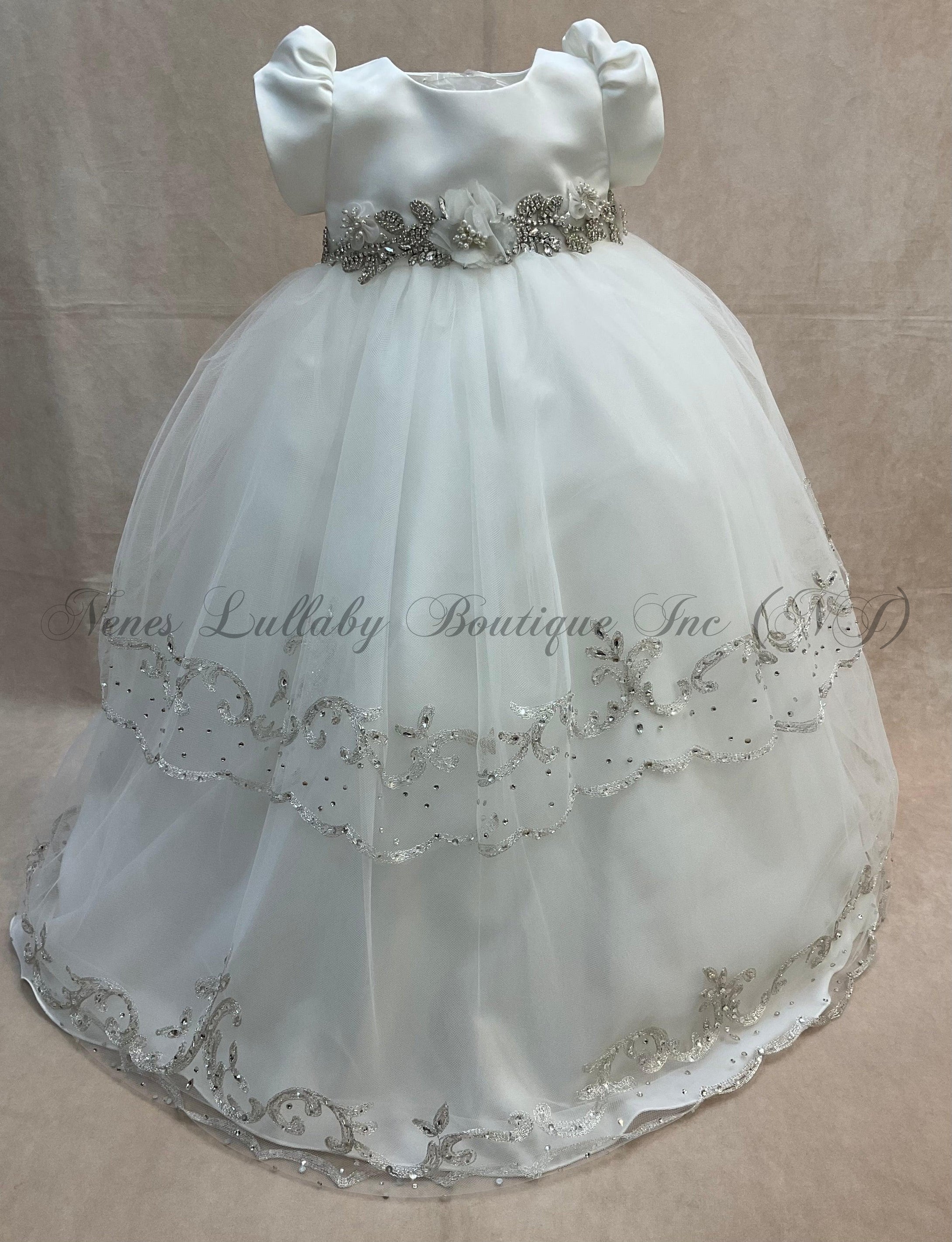 Karen diamond white Christening gown with rhinestone & Silver trim