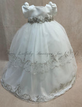 Load image into Gallery viewer, Karen diamond white Christening gown with rhinestone &amp; Silver trim