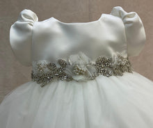 Load image into Gallery viewer, Karen diamond white Christening gown with rhinestone &amp; Silver trim