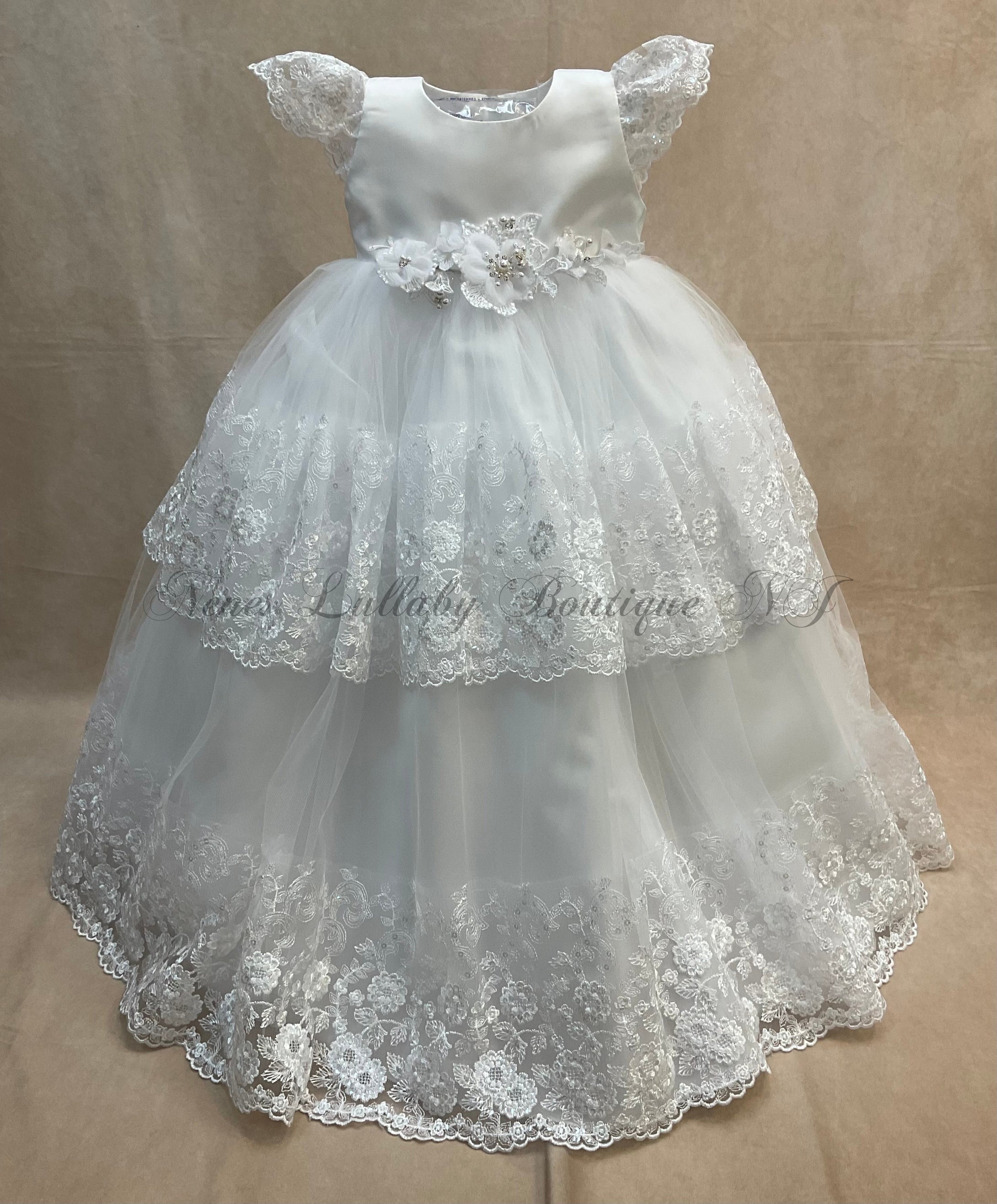 Avery  white satine double layer tulle & lace skirt christening Gown