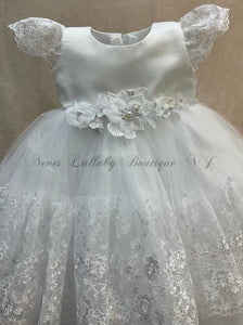 Avery  white satine double layer tulle & lace skirt christening Gown