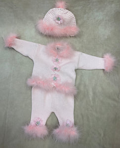 CPK673LP Infant girl handmade knit & Floural beaded button accents with matching hat