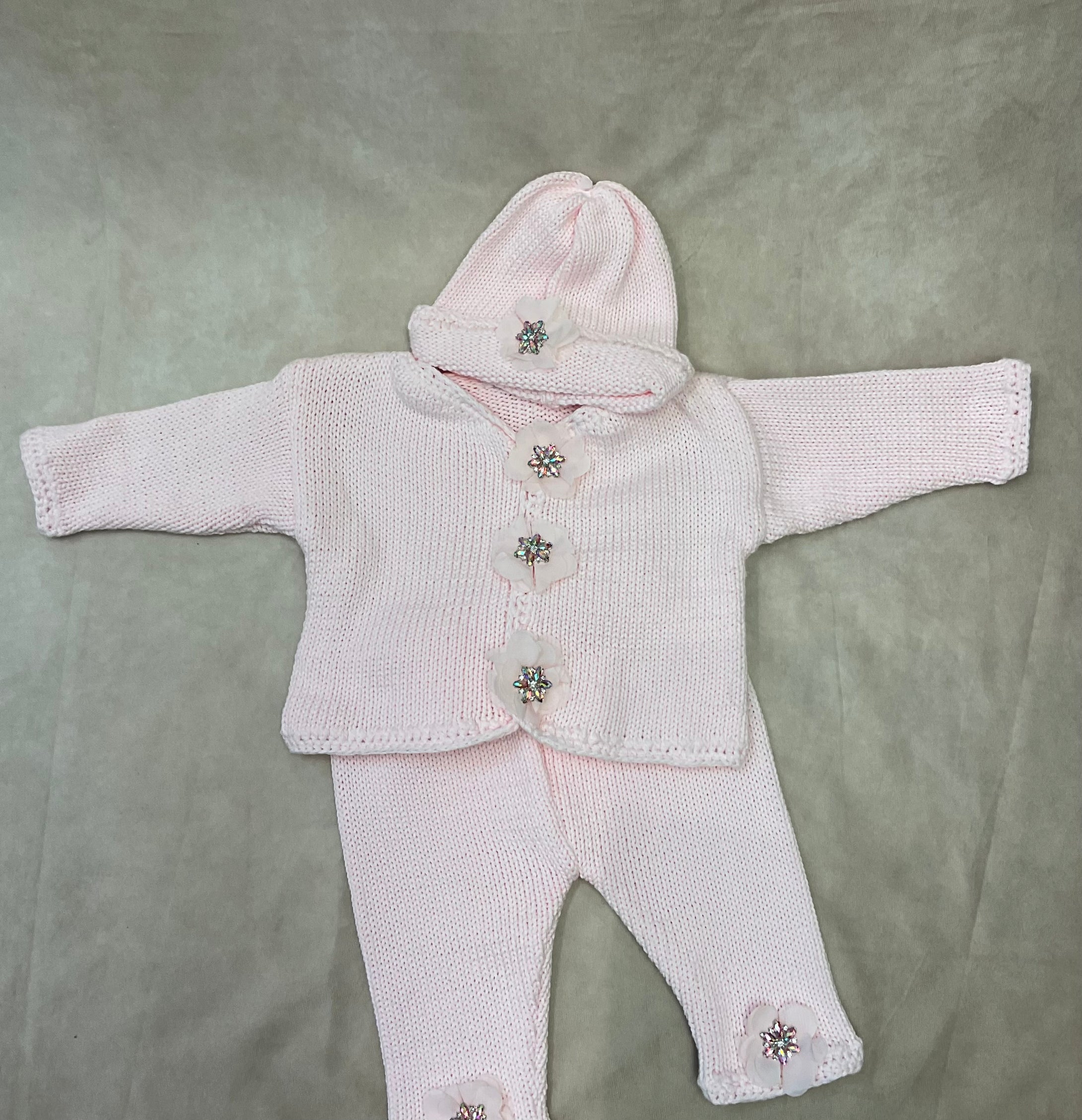 CK35 Infant girl handmade knit with marabou feather trim & Floural beaded button accents