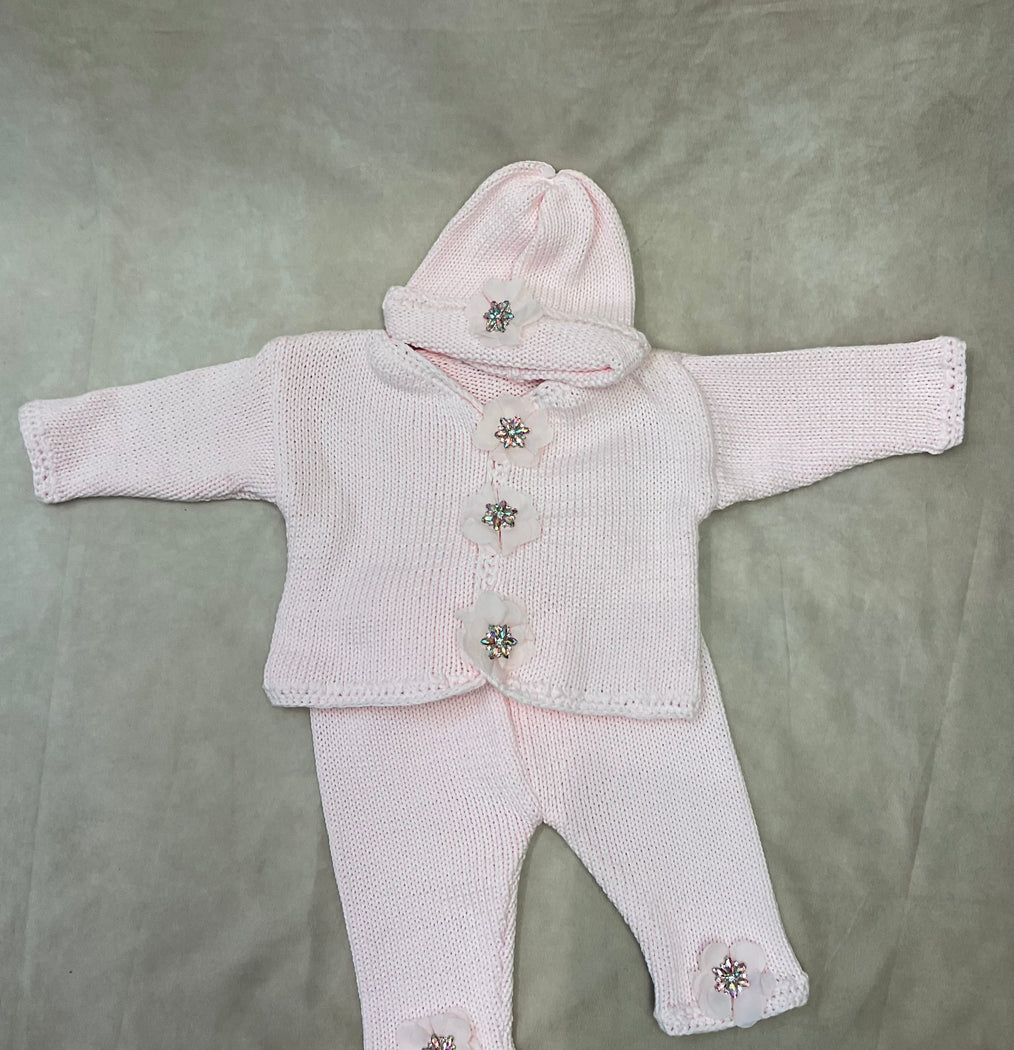 CK35 Infant girl handmade knit with marabou feather trim & Floural beaded button accents