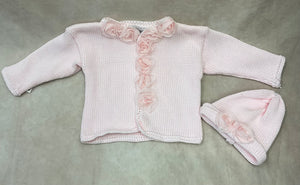 Ck621 Pink handmade sweater with rolled organza roses & matching hat