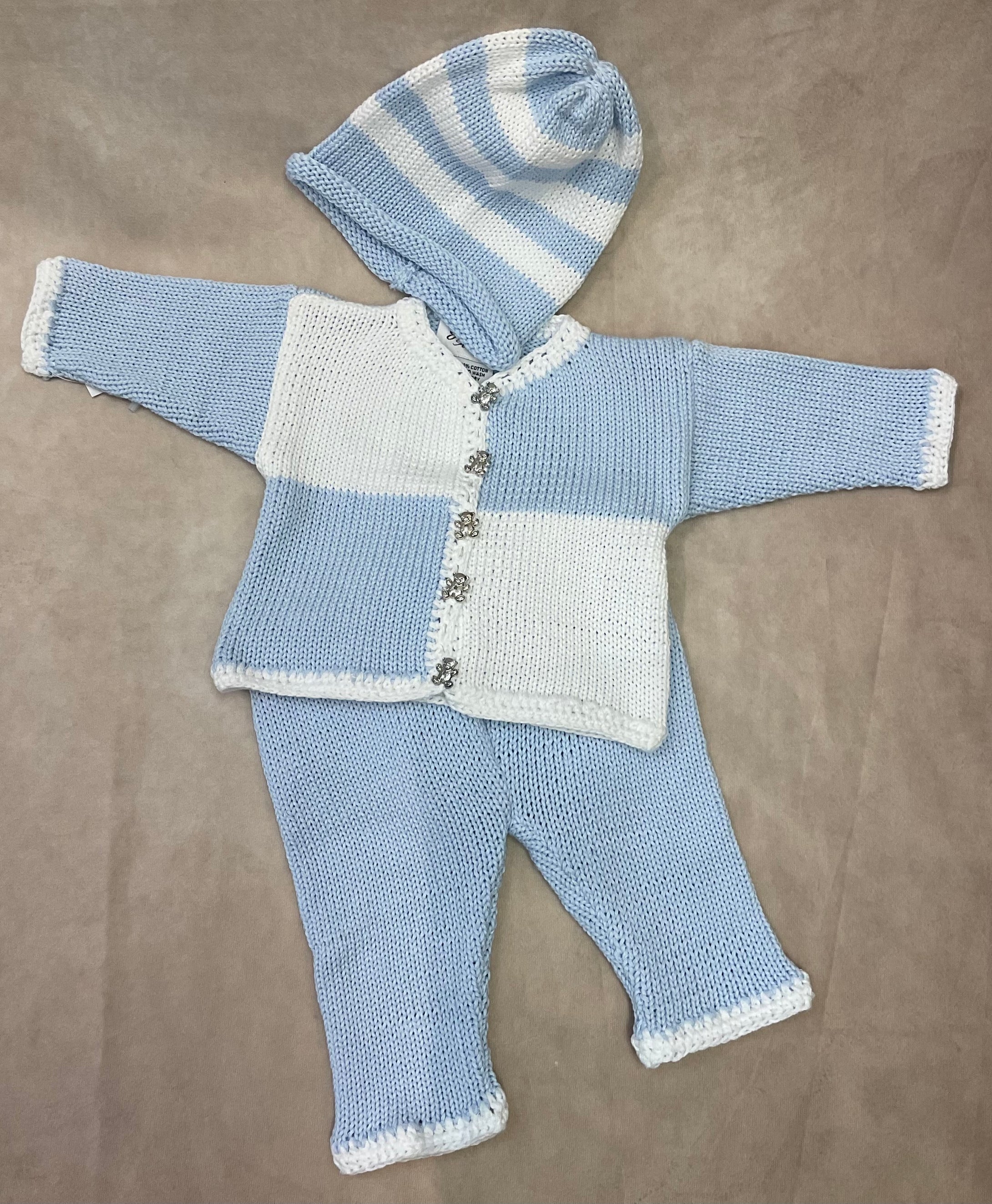 CPK677 Boys handmade knit sweater set with matching hat silver bear buttons