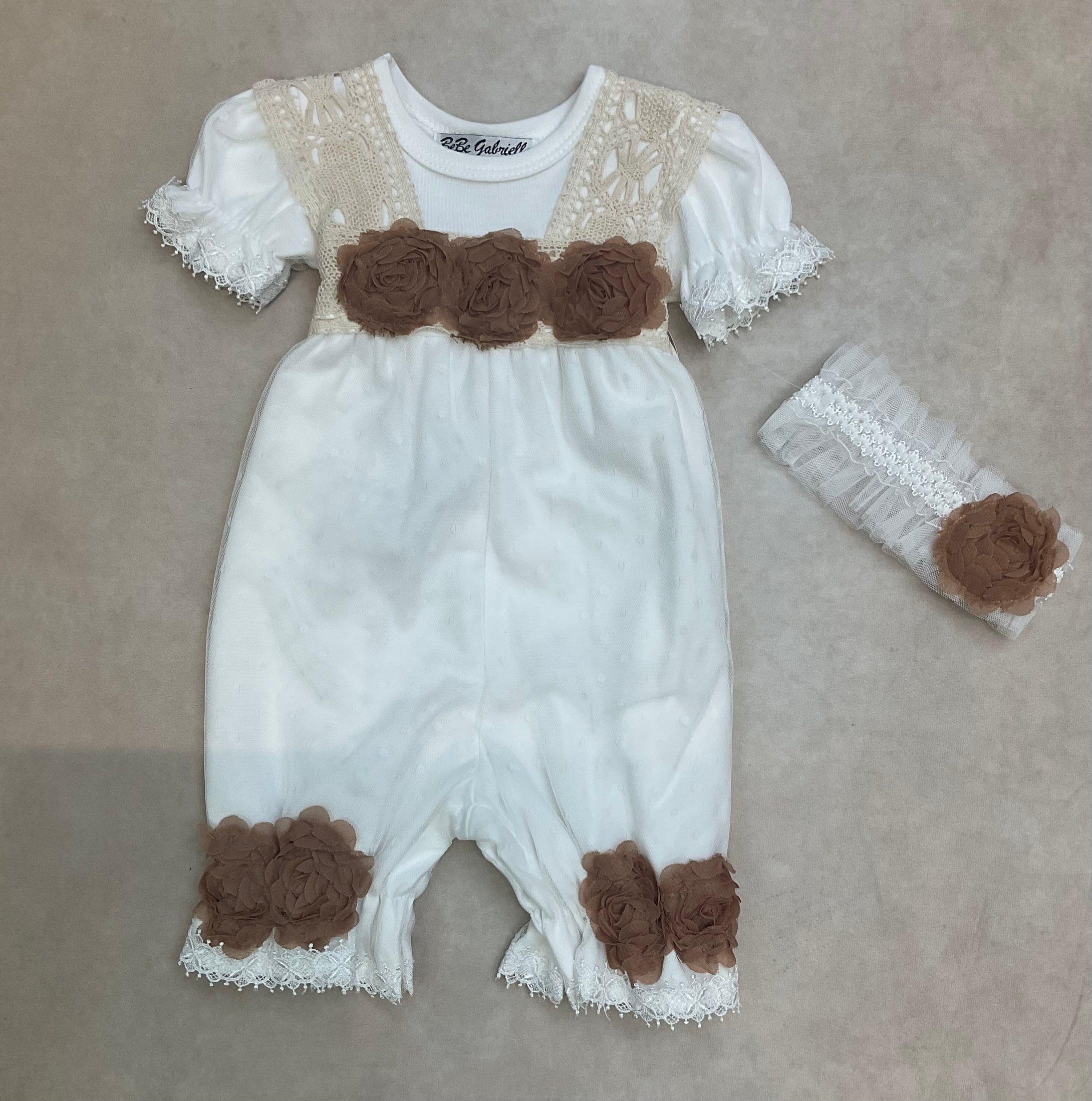 3841 infant girl brushed cotton, lace & swiss dot tulle  romper with matching headband