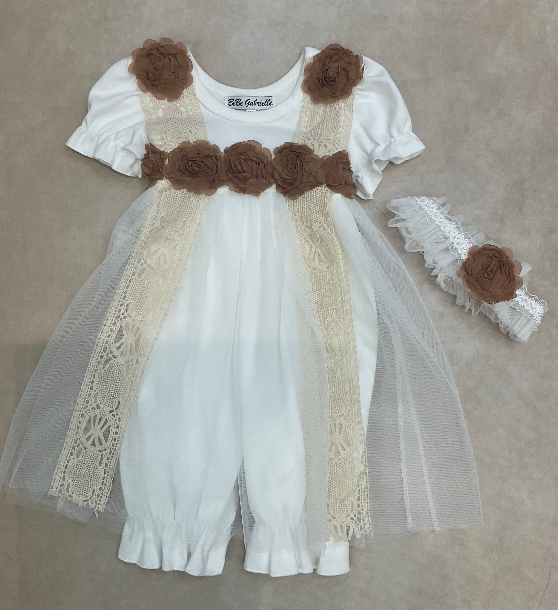 3841-5 Girls brush cotton & Tulle w/ lace  cream cut lace romper/dress & matching headband