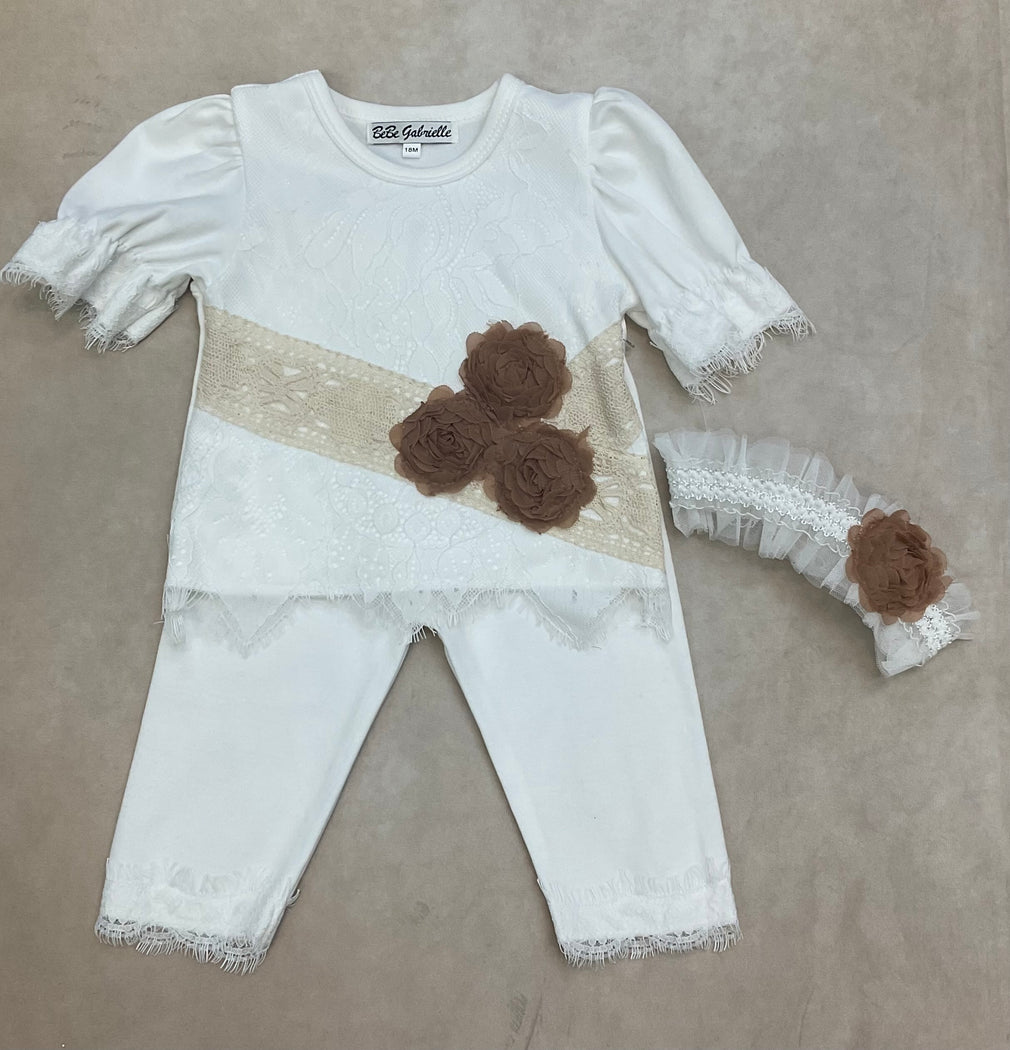 3841-1 Girls  2 piece brush cotton & lace Romper