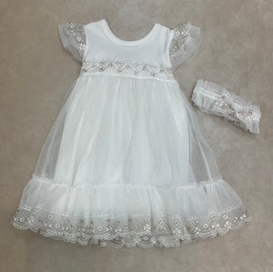 3843-4 Girls brush cotton &Tulle w/ lace  & embroided floral design dress