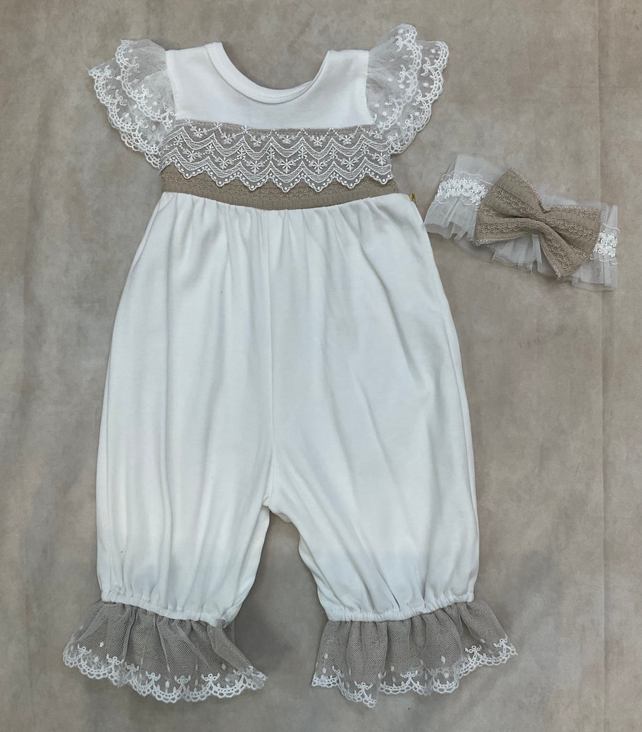 3844-2 Girls brush cotton & lace Romper