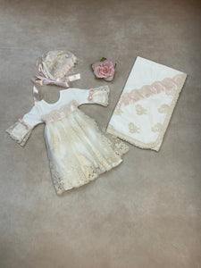 BNK3857 match Infant girl blanket with Vintage Ivory/cream lace & pink satin ribbon to match 3857-3 & 4i