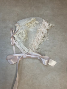 3857-3 Vintage Cream Ivory lace & Pink Ribbon Layette Sack Gown