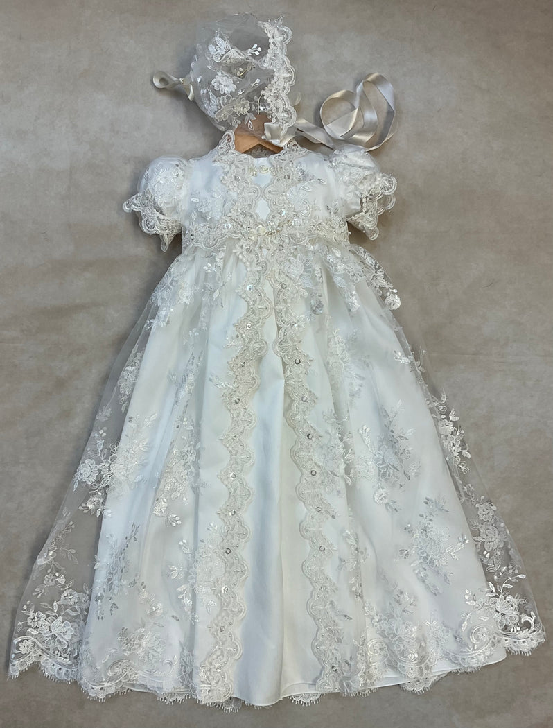 Nancy Girls Diamond White Lace Christening Gown / Baptism Gown by Piccolo Bacio - Nenes Lullaby Boutique Inc