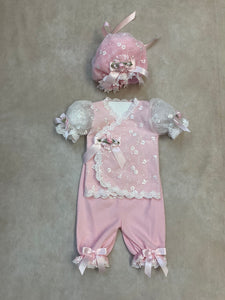 Hiley Floral Cotton Embroidered Lace Pink & white with matching headband