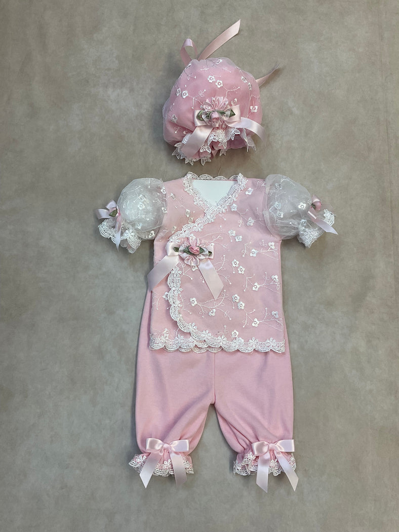 Hiley Floral Cotton Embroidered Lace Pink & white with matching headband