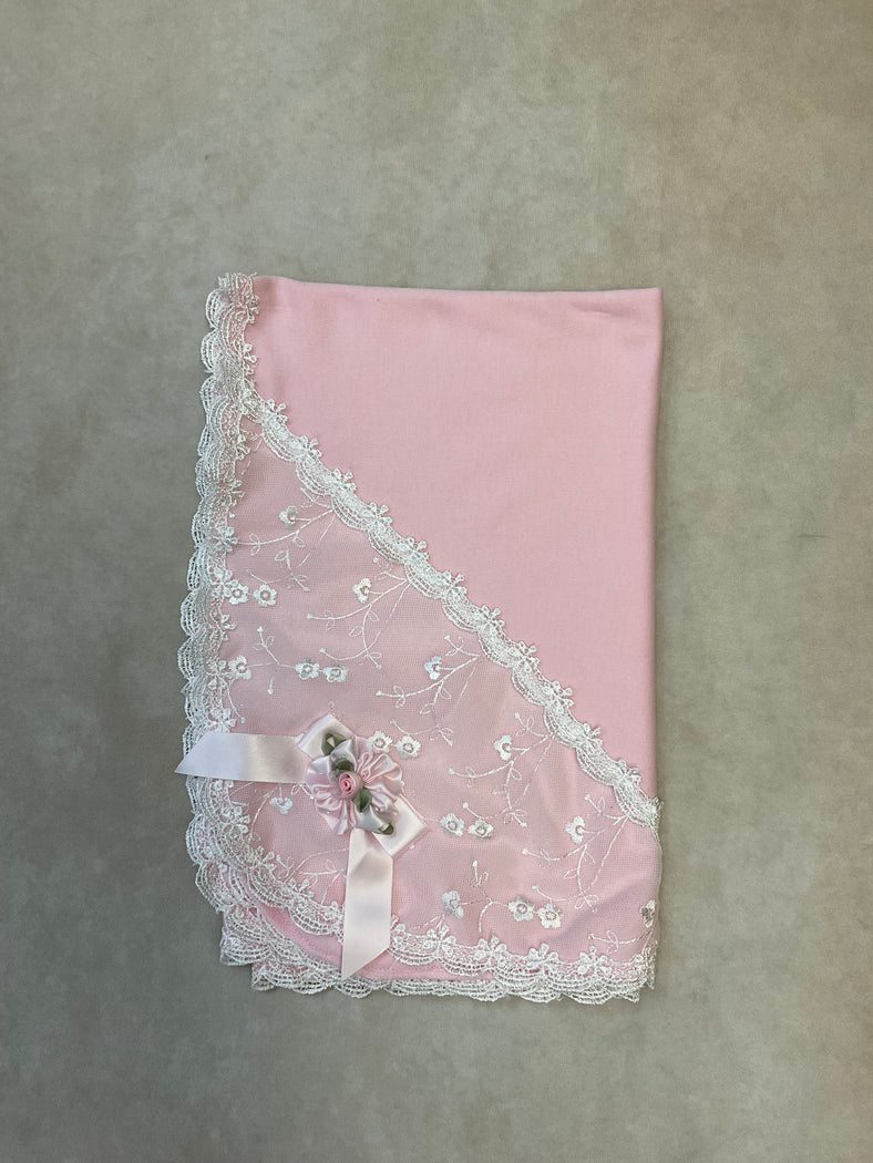 Hiley Pink/white cotton  lace baby blanket