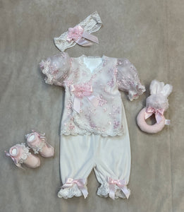 Beth Floral Cotton Embroidered Lace white & Pink with matching headbnd