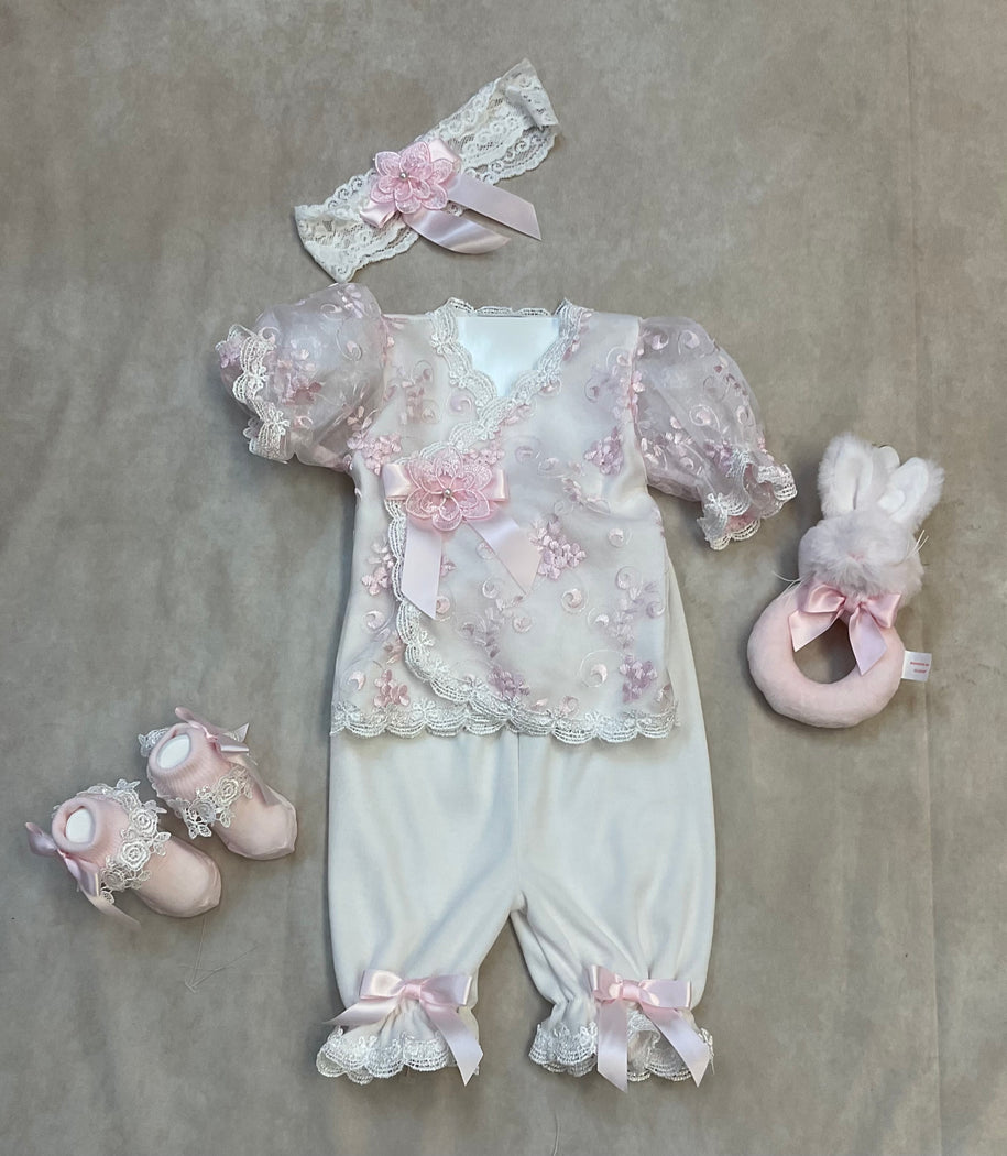 Beth Floral Cotton Embroidered Lace white & Pink with matching headbnd