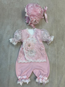 Ashley Floral Cotton Embroidered Lace Pink & white with matching Bonnet